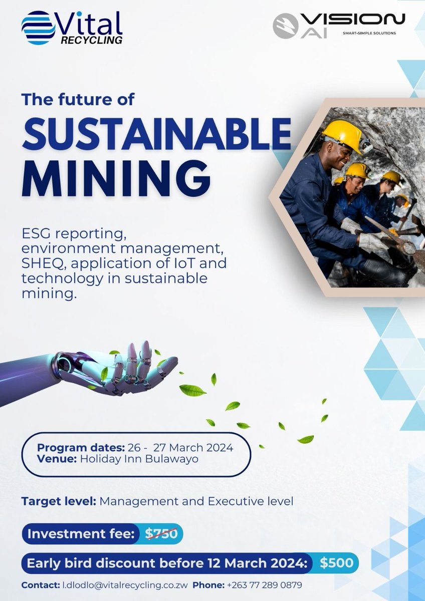 VitalRecycling's tweet photo. Calling all mining professionals!💎 Elevate your expertise on March 26th & 27th! Learn how to implement sustainable practices and foster positive social impact in the industry. Secure your spot now!💚🌍 #ESG #Sustainability #GreenZone #Mining #esgmining #esgreporting https://t.co/MBRys7meFb