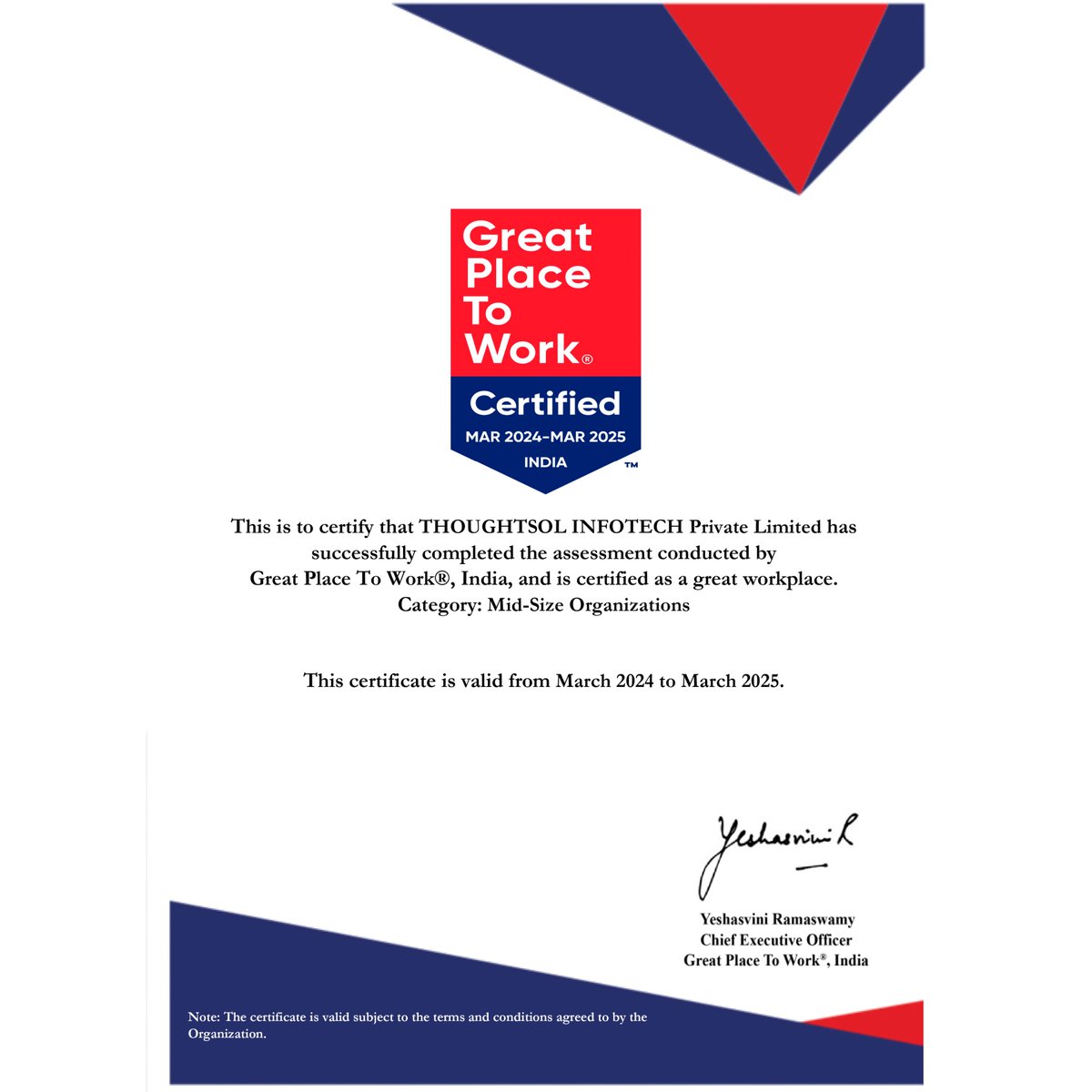 ThoughtSolIndia's tweet photo. We're over the moon to announce that ThoughtSol has once again been recognized as a "Great Place to Work" for the fifth consecutive time!
#Thoughtsol #greatplacetoworkcertified #greatplacetowork #bestworkplaceforwomen #wearecertified #gptw #bestworkplaces #award #excellence https://t.co/bkoqo5hqmg