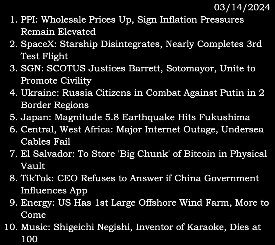 tspuser2605's tweet photo. 03/14/2024 (Thursday)
source: via.linktree
#PPI #inflation #SpaceX #Starship #SGN #SCOTUS #AmyConeyBarrett #SoniaSotomayor #Ukraine #Russia #VladimirPutin #Japan #earthquake #Fukushima #Africa #ElSalvador #Bitcoin #TikTok #China #windenergy #ShigeichiNegishi #karaoke https://t.co/Y5jIUk1k2Y