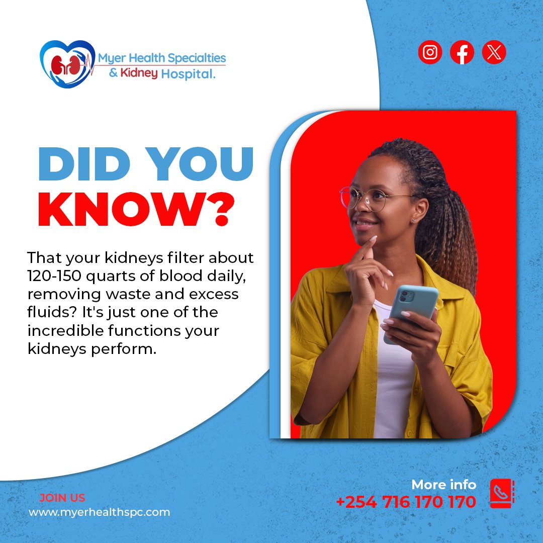 Keeping your kidneys healthy is crucial for well-being. These remarkable organs filter about 120-150 quarts of blood daily, removing waste and excess fluids. #KidneyHealthAwareness #StayHealthy