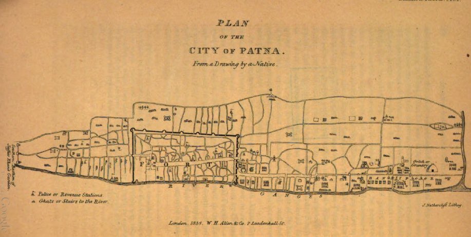 Plan of the City of Patna from a drawing by a native, London, 1888, the race-course, and the site of Golghar near bottom, centre #Patna #Bihar