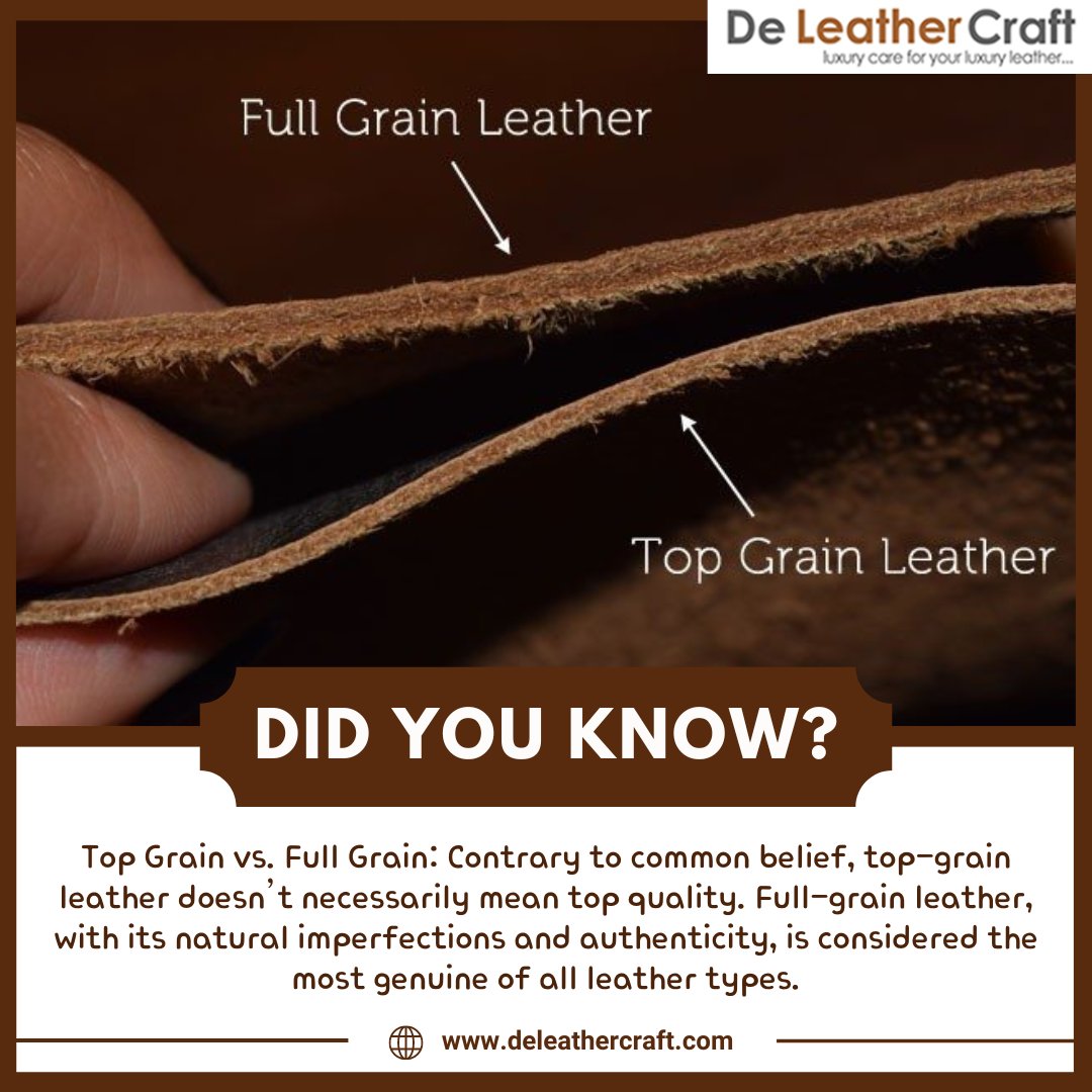 deleathercraft's tweet photo. A close-up comparison of full grain and top grain leather, highlighting the misconception that top grain signifies superior quality; full grain’s natural imperfections denote authenticity.
#Leather #FullGrain #TopGrain #Quality #Authenticity #Craftsmanship #MaterialScience https://t.co/viciqJBJog