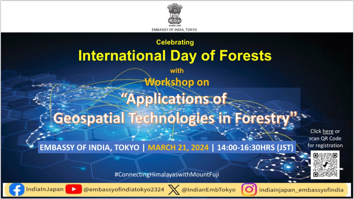 The Embassy of India, Tokyo invites all for celebration of International Day of Forests on March 21, 2024 from 14:00hrs to 16:30hrs (JST) at the Embassy auditorium.

#ConnectingHimalayaswithMountFuji #IndiaJapanScienceConnect #IndiaJapanEduConnect