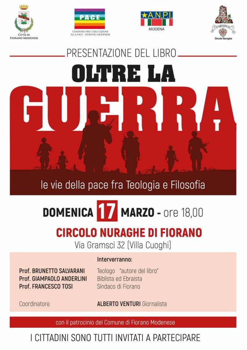 A #Fioranomodenese domenica 17 marzo con <a href="/BSalvarani/">Brunetto Salvarani</a> #oltrelaguerra …per cercare vie di pace attraverso la teologia e la filosofia. 
🌷La #pace è responsabilità quotidiana.