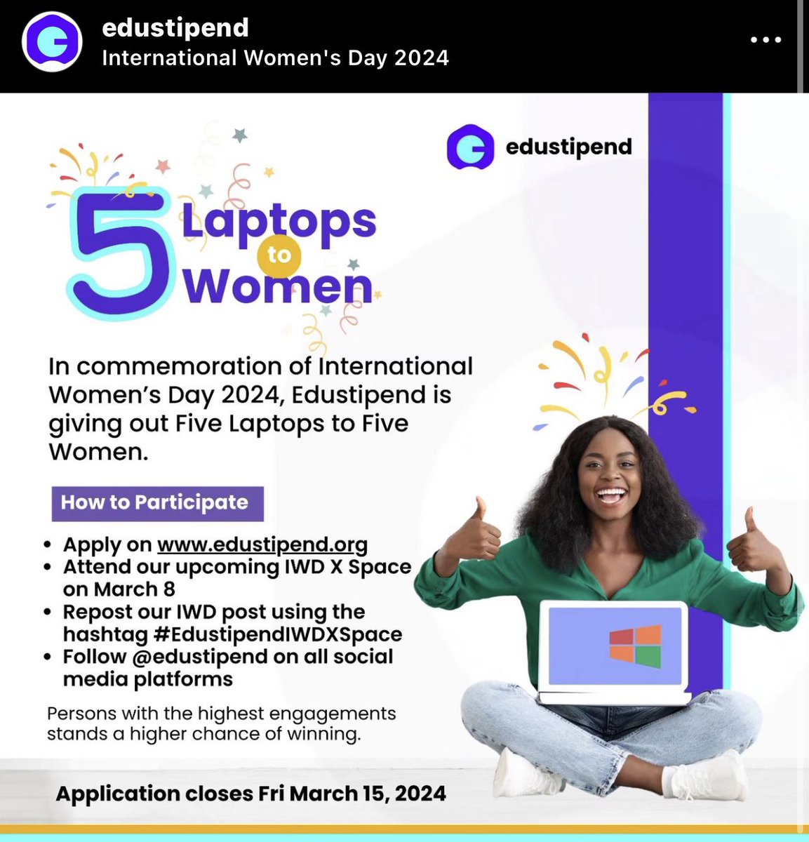 Christta1's tweet image. #EdustipendIWDXSpace 
my laptop is currently non-functional, Having a functional laptop is crucial for me to stay on track with my capstone projects and other tasks.
kindly request you to click the link provided to engage with my comment and the post to x.com/christta1/stat…