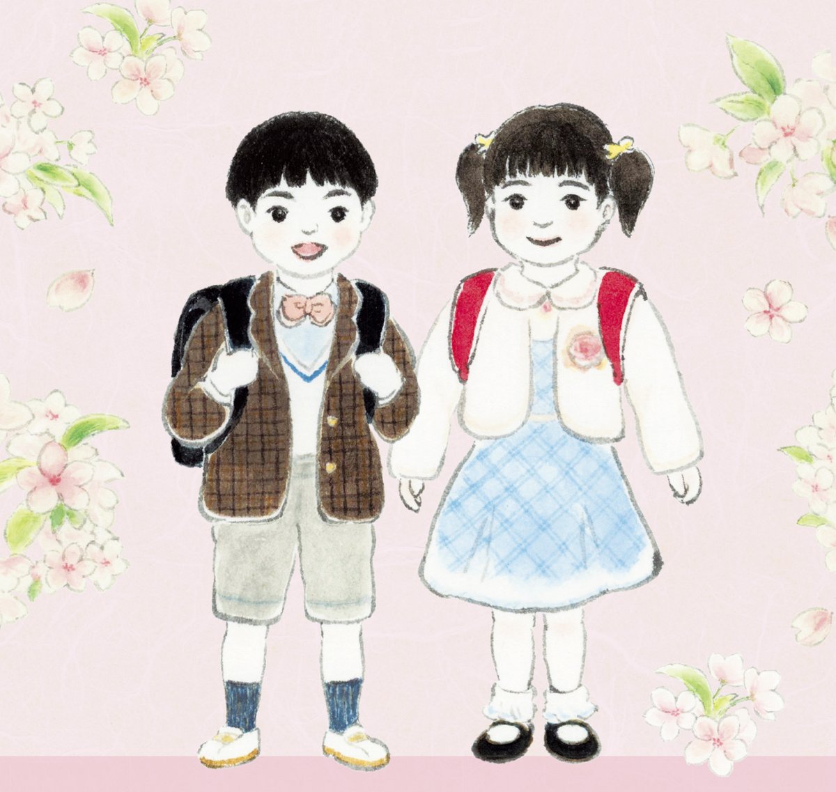 ikedakinue's tweet photo. 春となりました🌸雑誌「はっぴーママ富山版」の中尾清月堂さまの内祝いの広告のイラストを描かせていただきました。卒業式や入学式など、お祝いごとにおいしい和菓子を頂いたら嬉しいですよね。おしゃれさんのお坊ちゃんとお嬢ちゃんです✨　＃入学式 ＃桜 ＃小学生 ＃イラスト ＃一粒万倍日 https://t.co/hjEiNOHCle