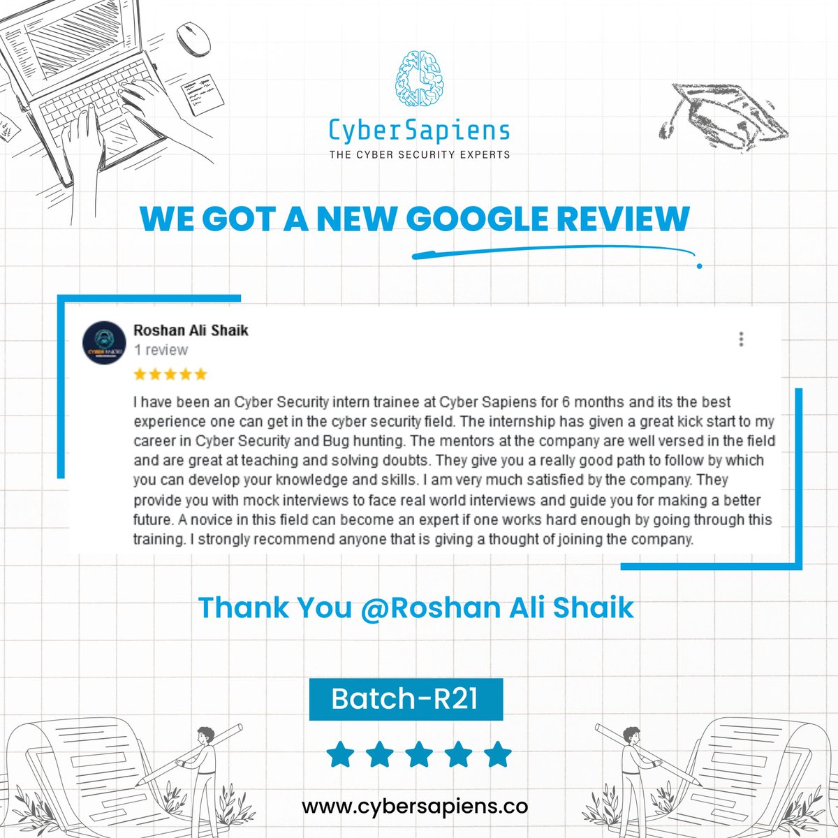 Cybersapiens101's tweet photo. We got a new Google Review!
Thank you, Roshan Ali Shaik, for such a generous review of our Cybersecurity Training Program.
#cybersapiens #cyber #cybersecurity #cybersecuritycompany #googlereviews #googlereview #course #cybersecuritycourse #ethicalhackingcourse #ethicalhacking https://t.co/1VVsP7LXQ7