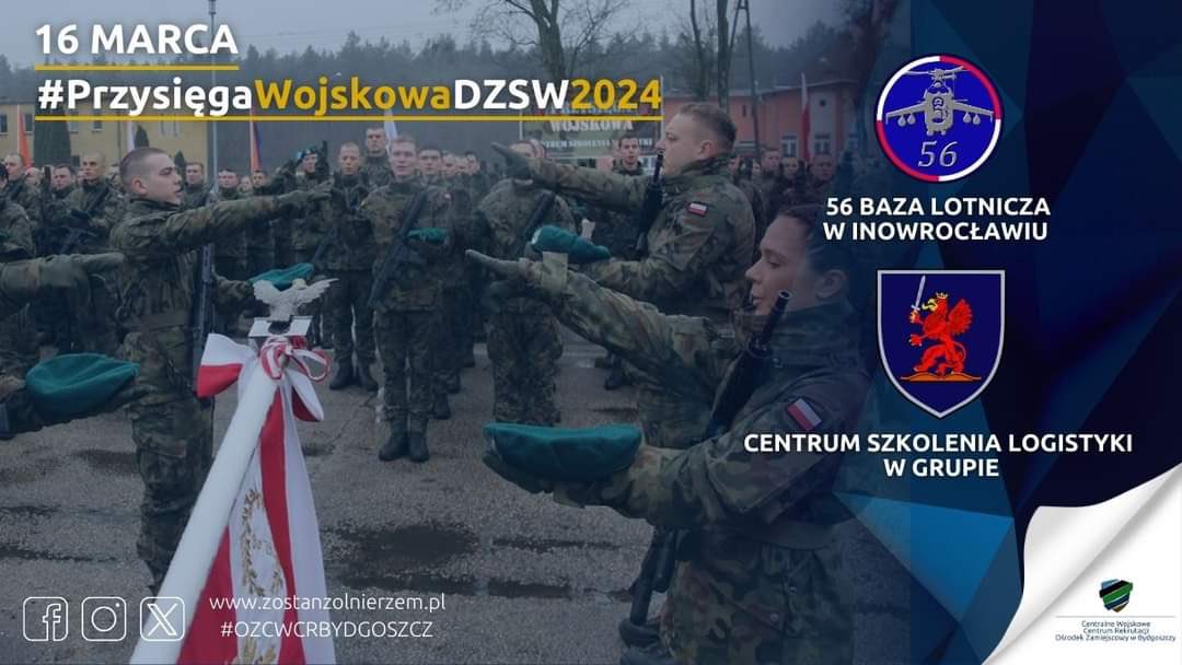 WCRGrudziadz's tweet photo. 👉Już w najbliższą sobotę, 1️⃣6️⃣marca zapraszamy na uroczyste przysięgi wojskowe żołnierzy #DZSW w:
👉 #56BL #Inowrocław godz. 11:00
👉 #CSLog #Grupa godz. 10:00
#ZostańŻołnierzem https://t.co/Gxiq0gFjOz