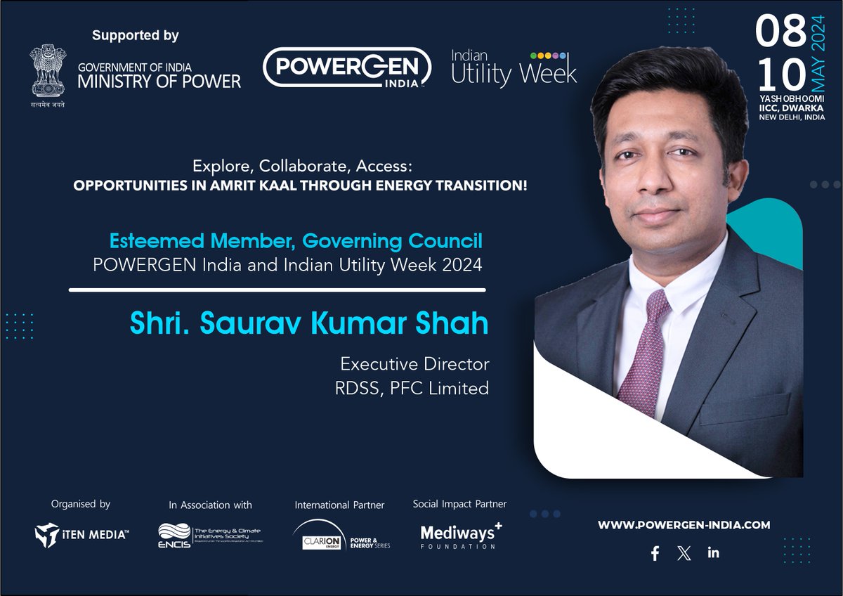 We're thrilled to announce Shri. Saurav Kumar Shah, ED, RDSS, @pfclindia as our Esteemed Member of the Governing Council for POWERGEN India & Indian Utility Week 2024. connect with +91-9990401916 | hansika@itenmedia.in #powergeneration #utilities #powerdistribution #PGIndia #iuw