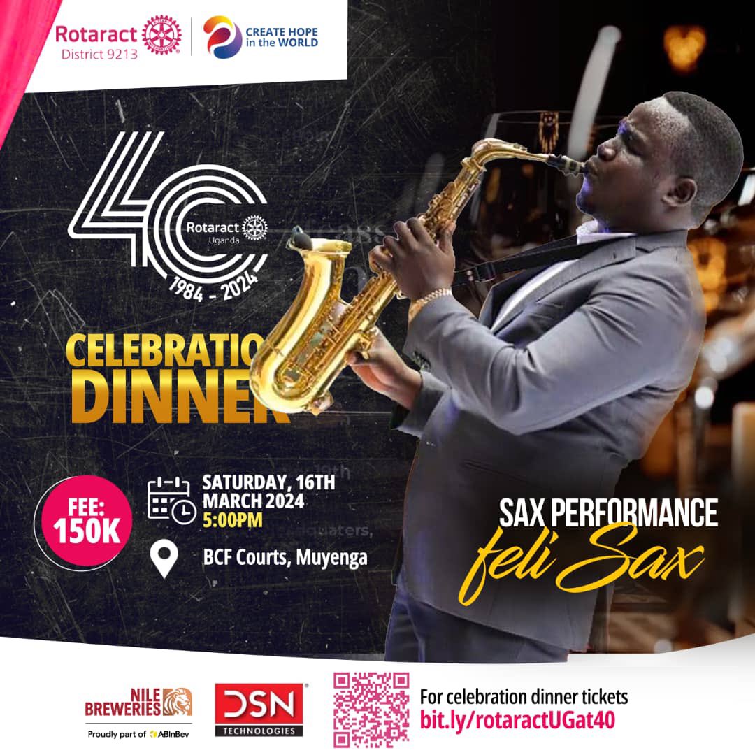 RotaractD9213's tweet photo. Get ready to elevate the vibes at tomorrow's #RotaractUGAt40 celebration dinner! 🎉
We're excited to announce that we'll be treated to live performances by the amazing @Irenentale and the smooth tunes of Felisax on the saxophone! 🎷.
Join us alongside Rotaractors, Rotaract Alumni, Rotarians, and guests as we mark 40 years of impactful service in Uganda! 🇺🇬🥳
The fun starts 5pm at BCF Courts and tickets are available for 150,000. Don't miss out, get yours now at https://t.co/LfLT4hixDT!