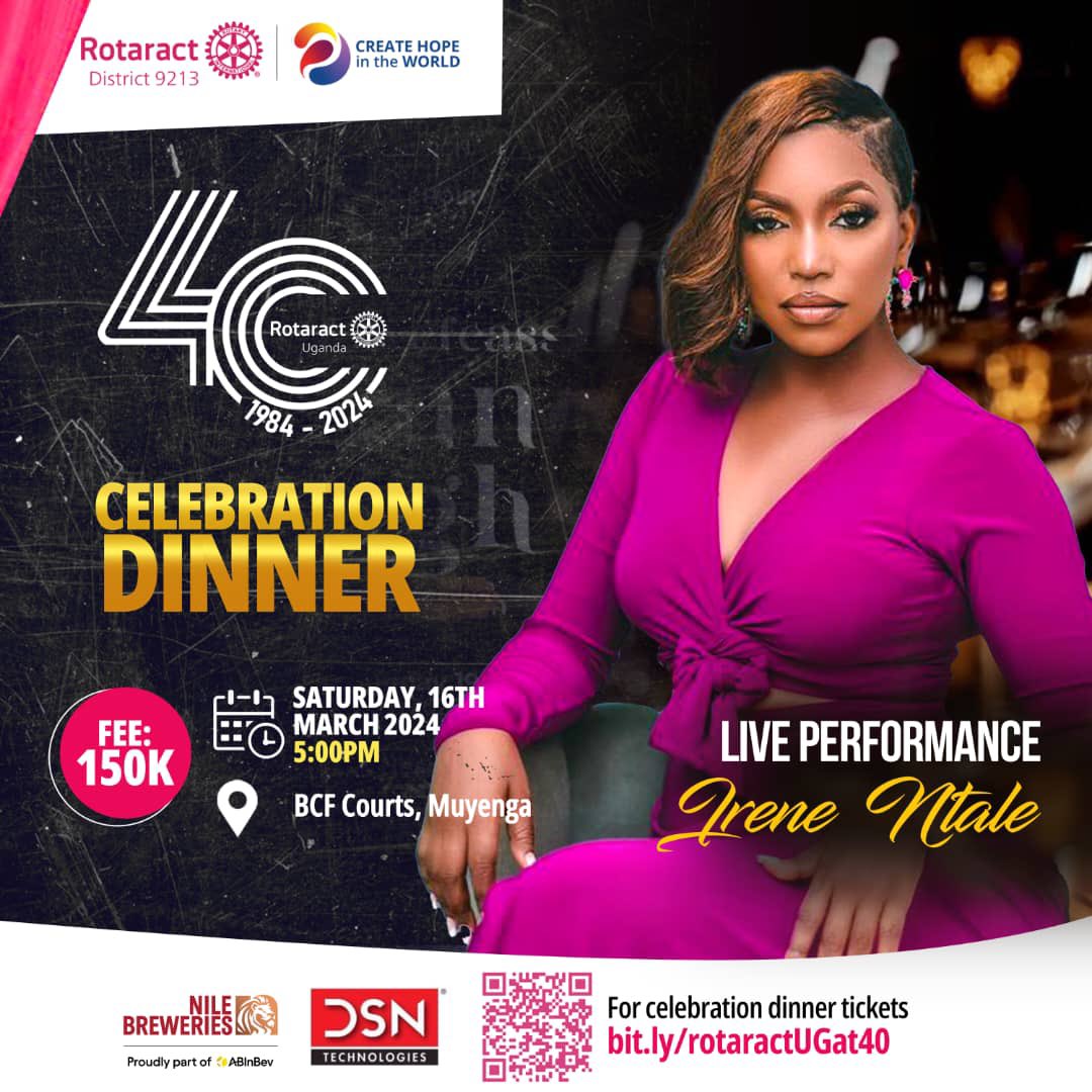 RotaractD9213's tweet photo. Get ready to elevate the vibes at tomorrow's #RotaractUGAt40 celebration dinner! 🎉
We're excited to announce that we'll be treated to live performances by the amazing @Irenentale and the smooth tunes of Felisax on the saxophone! 🎷.
Join us alongside Rotaractors, Rotaract Alumni, Rotarians, and guests as we mark 40 years of impactful service in Uganda! 🇺🇬🥳
The fun starts 5pm at BCF Courts and tickets are available for 150,000. Don't miss out, get yours now at https://t.co/LfLT4hixDT!