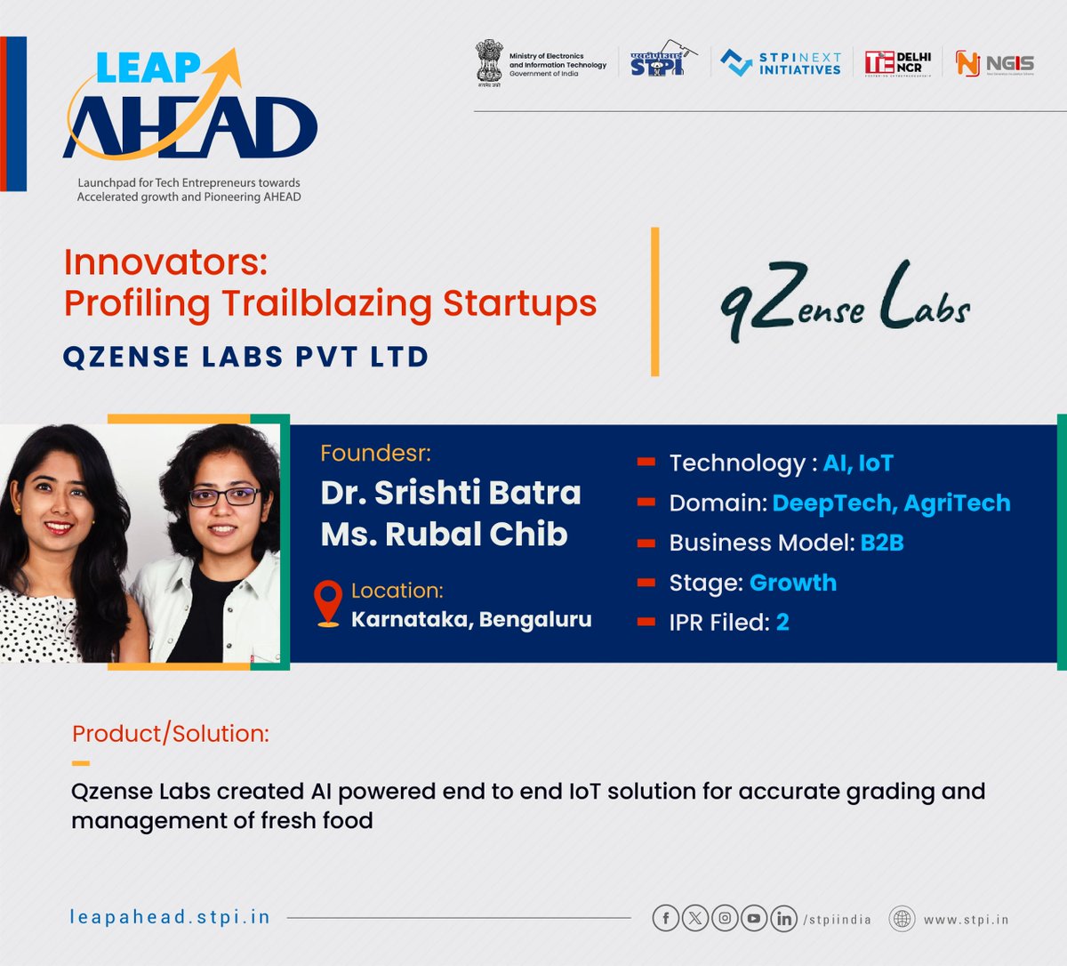stpiindia's tweet photo. @GoI_MeitY @TiEDelhi @pontaq_vc @AnicutF @SanchiConnect @wadhwanif Women-led startup M/s Qzense Labs Pvt Ltd, one of the 75+ selected companies for LEAP AHEAD Cohort, has created #AI- powered end-to-end #IoT solution for accurate grading and management of fresh food. https://t.co/OnA8ULkUaH