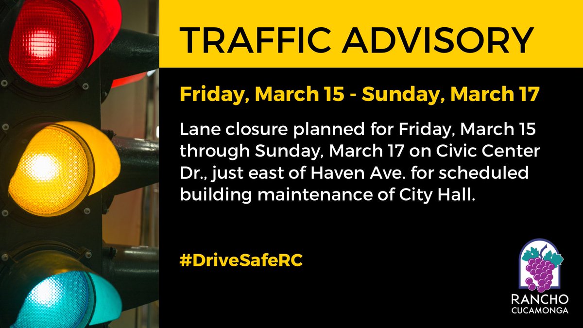 CityOfRC's tweet photo. Lane closure planned for Friday, March 15 through Sunday, March 17 on Civic Center Dr., just east of Haven Ave. for scheduled building maintenance of City Hall.
#DriveSafeRC https://t.co/g2HiSeSt9M