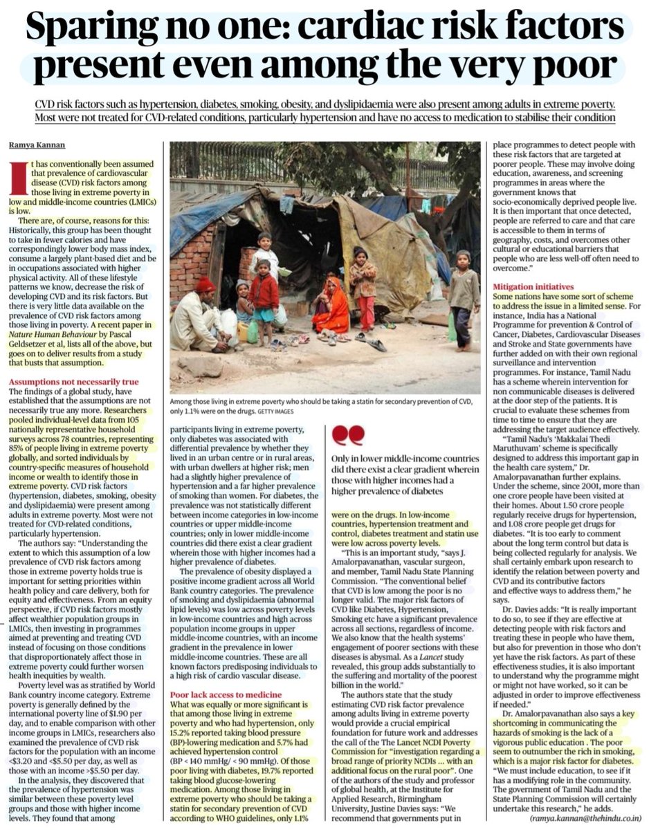 #cardiovascular #disease

'Sparing No one:Cardiac Risk Factors present even among the very Poor'

:An Insightful article by Ms Ramya Kannan
@ramyakannan

#CVD #poor #ExtremePoverty
#Hypertension #Diet #Smoking 
#diabetes #obesity #BloodPressure #LMIC
#healthcare 

#UPSC
Source:TH