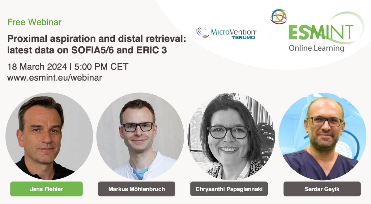 Engage in a discussion on proximal aspiration and distal retrieval and the latest data on SOFIA5/6 & ERIC 3 with Jens Fiehler, Markus Möhlenbruch, Chrysanthi Papagiannaki & Serdar Geyik. Register now for the free webinar ➤ buff.ly/3VjyX6e Supported by @MV_Terumo