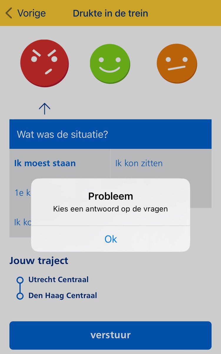 Goedemorgen @NS_online, 4 delen bij de trein die 1x per halfuur gaat tussen Utrecht en DH is echt te krap. Ik kan dit echter niet doorgeven in de app: