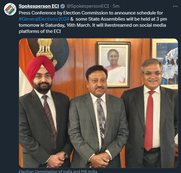 EconomicTimes's tweet photo. Press Conference by the #ElectionCommission to announce the schedule for #GeneralElections2024 & some #StateAssemblies will be held at 3 pm tomorrow, 16th March. It will be live streamed on the social media platforms of the #ECI: ECI
🗳️ #LokSabhaPolls2024 News Updates ➠ https://t.co/02OT7Hfcns #ElectionsWithET