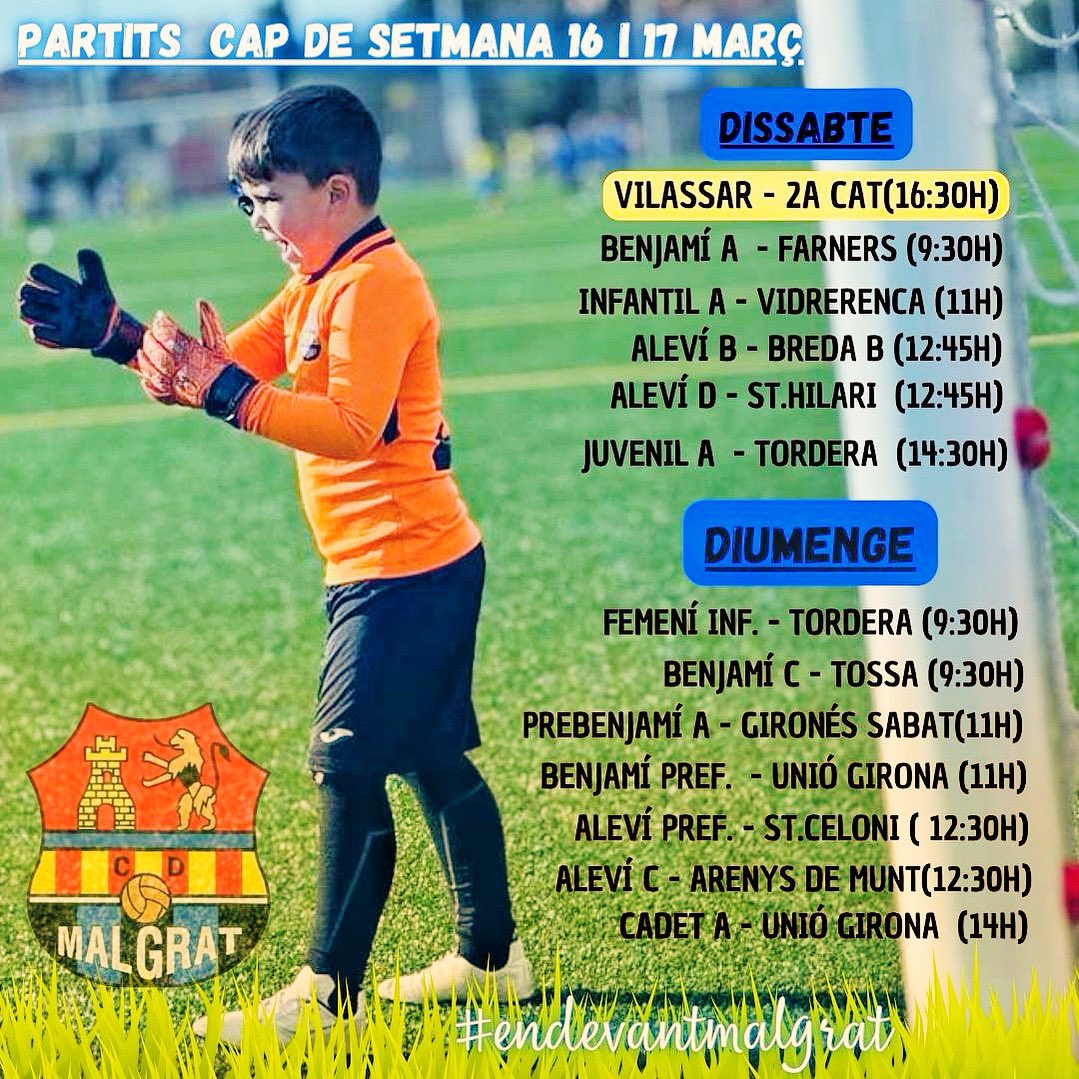 🔵⚫️ ᑭᗩᖇTITᔕ ᑕᗩᑭ ᗪE ᔕETᗰᗩᑎᗩ⚫️🔵

Nous reptes, noves emocions, amb moltes ganes ⚽️💪
El cap de setmana ja pica a la  porta, per això, us deixem ja els  nostres horaris!

𝔼ℕ𝔻𝔼𝕍𝔸ℕ𝕋 𝕄𝔸𝕃𝔾ℝ𝔸𝕋💙🖤

#cdmalgrat #futbolcatala #fcf #malgratdemar #endevantmalgrat