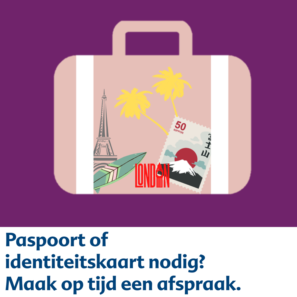 Weg met de meivakantie 😎? Het is druk met aanvragen van reisdocumenten richting de vakantie. De wachttijden lopen op, maak daarom op tijd een afspraak!