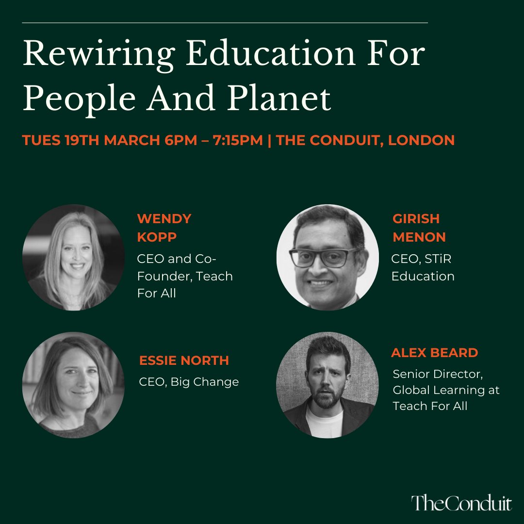 What we're looking forward to next week 👉 This The Conduit panel discussion on 'Rewiring Education For People And Planet' featuring our CEO @WendyKopp and our Senior Director of Global Learning @alexfbeard 👏👏 Learn more & register: brnw.ch/21wHTvi