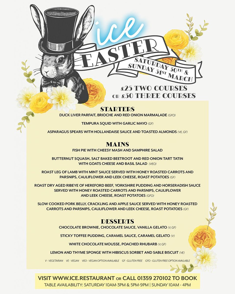 ICEsuffolk's tweet photo. 🐇Hop into a delightful Easter celebration at ICE!🐣
This Easter we’re rolling out a spectacular menu that promises to dazzle your palate and elevate your Easter festivities.
Book now at https://t.co/vgeM9WuYzQ
#easter #eastermenu #roastdinner #burystedmunds #happyeaster https://t.co/74Z0xMjHXF