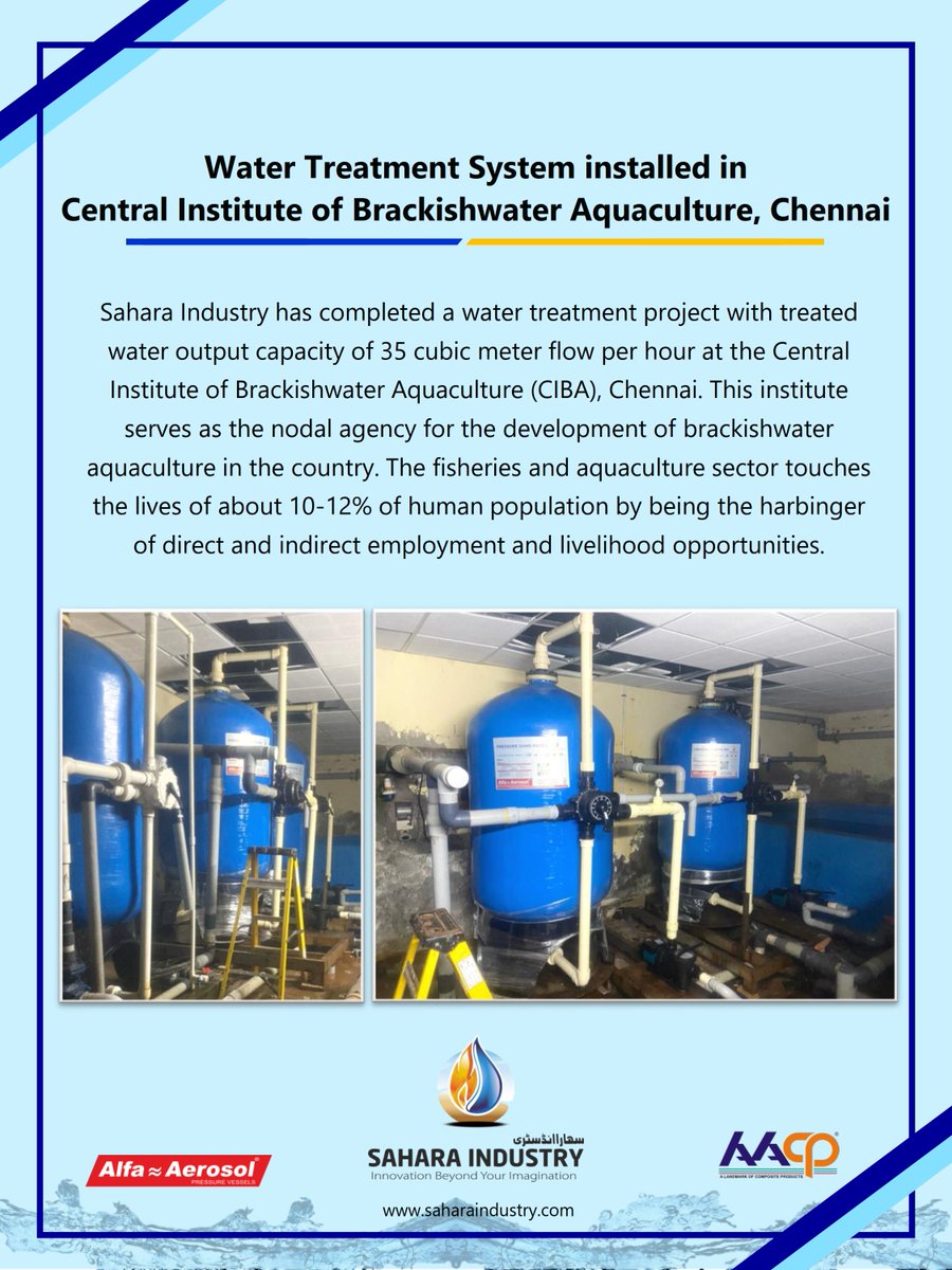 @SaharaIndustry completed water treatment project with 35 cubic meter/hr at Central Institute of Brackishwater Aquaculture, Chennai. #project #waterprojects #water #waterfiltration #waterinfrastructure #watertreatmentsolutions #watertreatmentsystem #watertreatmentplant #filter