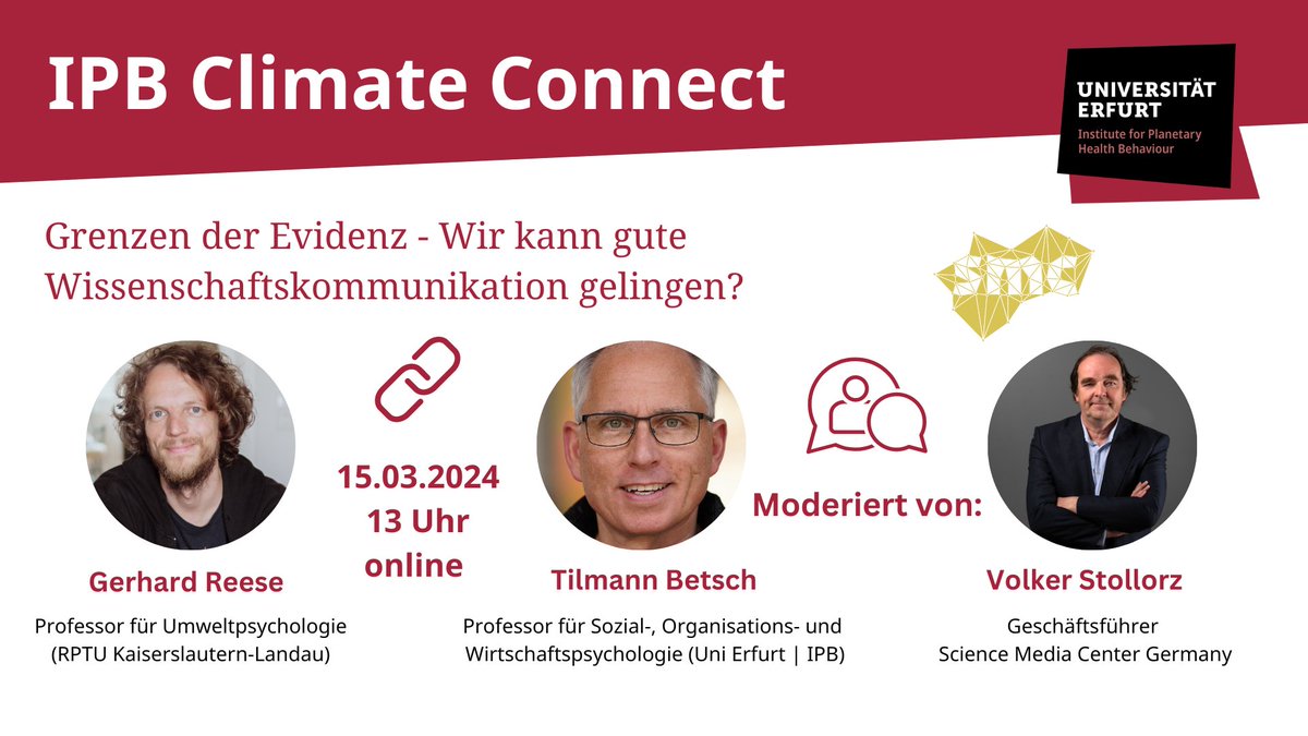 𝟭𝟱.𝟬𝟯.𝟮𝟬𝟮𝟰 | IPB @DGPuK2024: CLIMATE CONNECT: Grenzen der Evidenz – Wie kann gute Wissenschaftskommunikation Fehlschlüsse und Übergeneralisierungen verhindern? Es diskutieren:
@GerhardReese @rptu_kl_ld und Tilmann Betsch mit Volker Stollorz @smc_germany.
