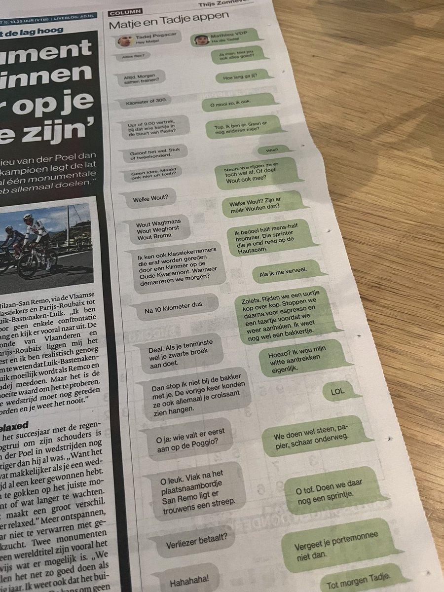 Column van vandaag: Matje en Tadje appen over hun trainingsritje van morgen.

ad.nl/wielrennen/col…