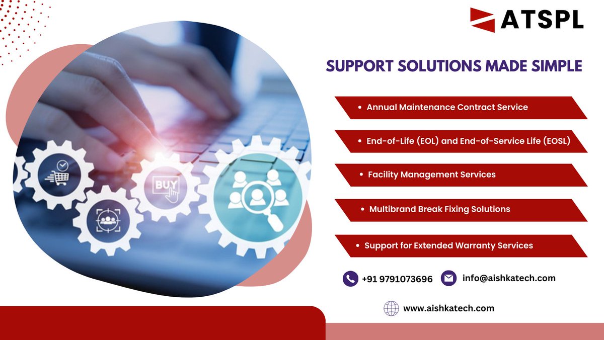 Create a seamless IT solution: Explore Aishka Tech's support services to create a successful and profitable business. #ATSPL #Aishkatech #SupportSolutions #AMC #EOL #EOSL #FMS #MFS #Extendedwarrantyservice #ITsupportsolutions