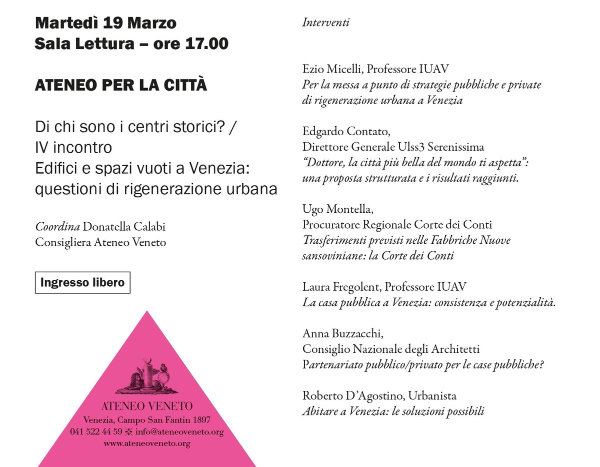 #Ateneoperlacittà. Mettere in agenda 🗓️: martedì #19marzo (Sala Lettura, ore 17.00) torna il ciclo "Ateneo per la Città | Di chi sono i centri storici?". Target del nuovo appuntamento: "Edifici e spazi vuoti a #Venezia: questioni di rigenerazione urbana"  🏡🏙️. Vi aspettiamo!