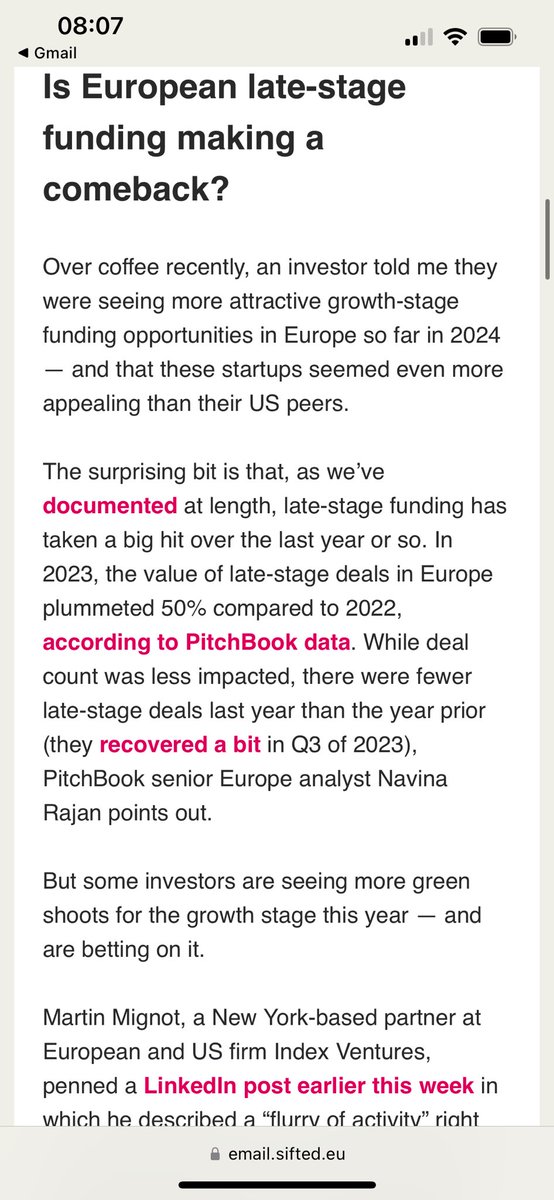 Lately I’ve been hearing and reading that growth in Europe is heating up. This morning I explored whether late-stage funding — which took a huge hit in 2023 — is making a comeback. Only in @Siftedeu Daily newsletter: