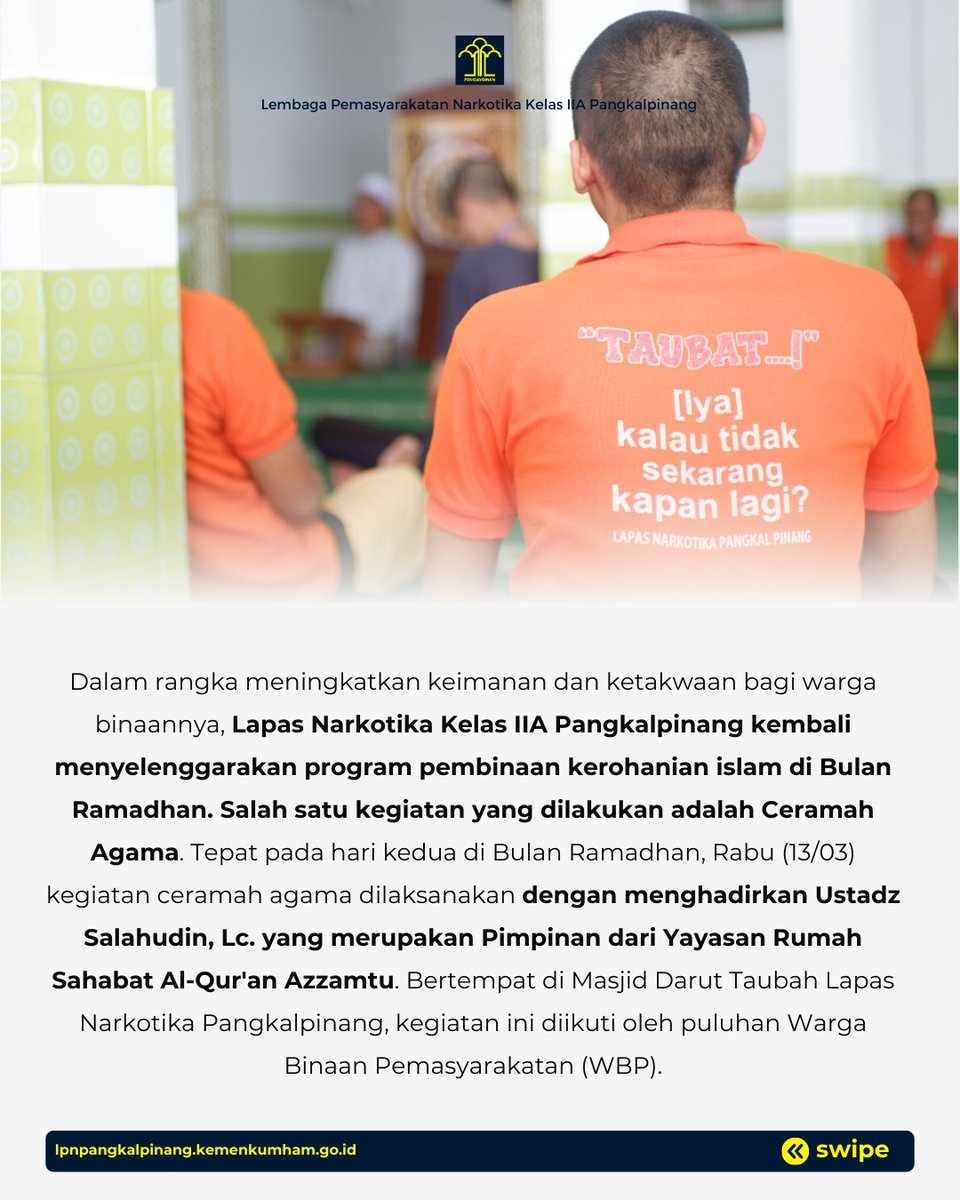 lpn_pkpinang's tweet photo. Dalam rangka meningkatkan keimanan dan ketakwaan bagi warga binaannya, Lembaga Pemasyarakatan (Lapas) Narkotika Kelas IIA Pangkalpinang
@kumham_babel
@lpn_pkpinang
Harun Sulianto
Lapas Narkotika Pangkalpinang
#kumham_babel
#LapasNarkotikaPangkalpinang https://t.co/98mQpfGBv4