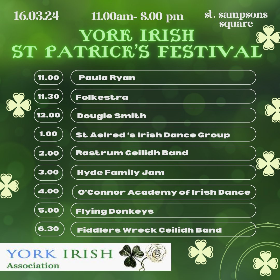 That annual time to go back on Twitter and tell you about our 8th annual York Irish St. Patrick's Festival tomorrow in St. Sampson's Square. Music, Irish dancing, ceilidhs, a bar and much more. All welcome! Spread the word York is going green!