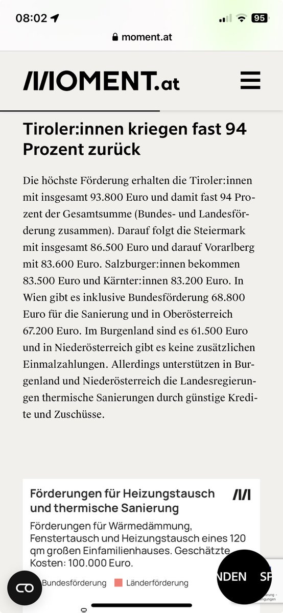 TirolerInnen erhalten bei einer klimatechnischen Sanierung (inkl. Heizung) durch Bund & Land 94% der Kosten gefördert … damit 50% mehr als in NÖ!

Aber das muss man verstehen, mit Klimawandelleugnern in der Regierung, da doch lieber „#Covidschäden“ ersetzen

⁦@volkspartei⁩