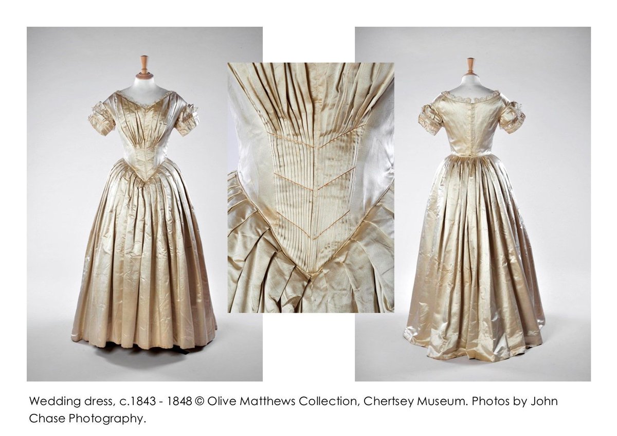 #FridayFrocks – #SpringBrides: Silk satin wedding dress, c.1845. It resembles Queen Victoria’s wedding gown. Just like Victoria’s dress, this one would have been trimmed with lace and flowers for the big day. @johnchasephoto