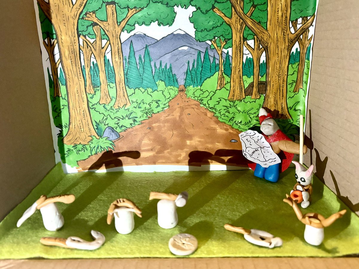 MummyofMaya's tweet photo. Maya had to create a book in a box giving clues to her favourite book. She made her clues from polymer clay - a one eared rabbit with map in hand, a soup loving baby brother and several gifts of the goddess. @kmlarwood might know. https://t.co/L9Aw1W9lVU