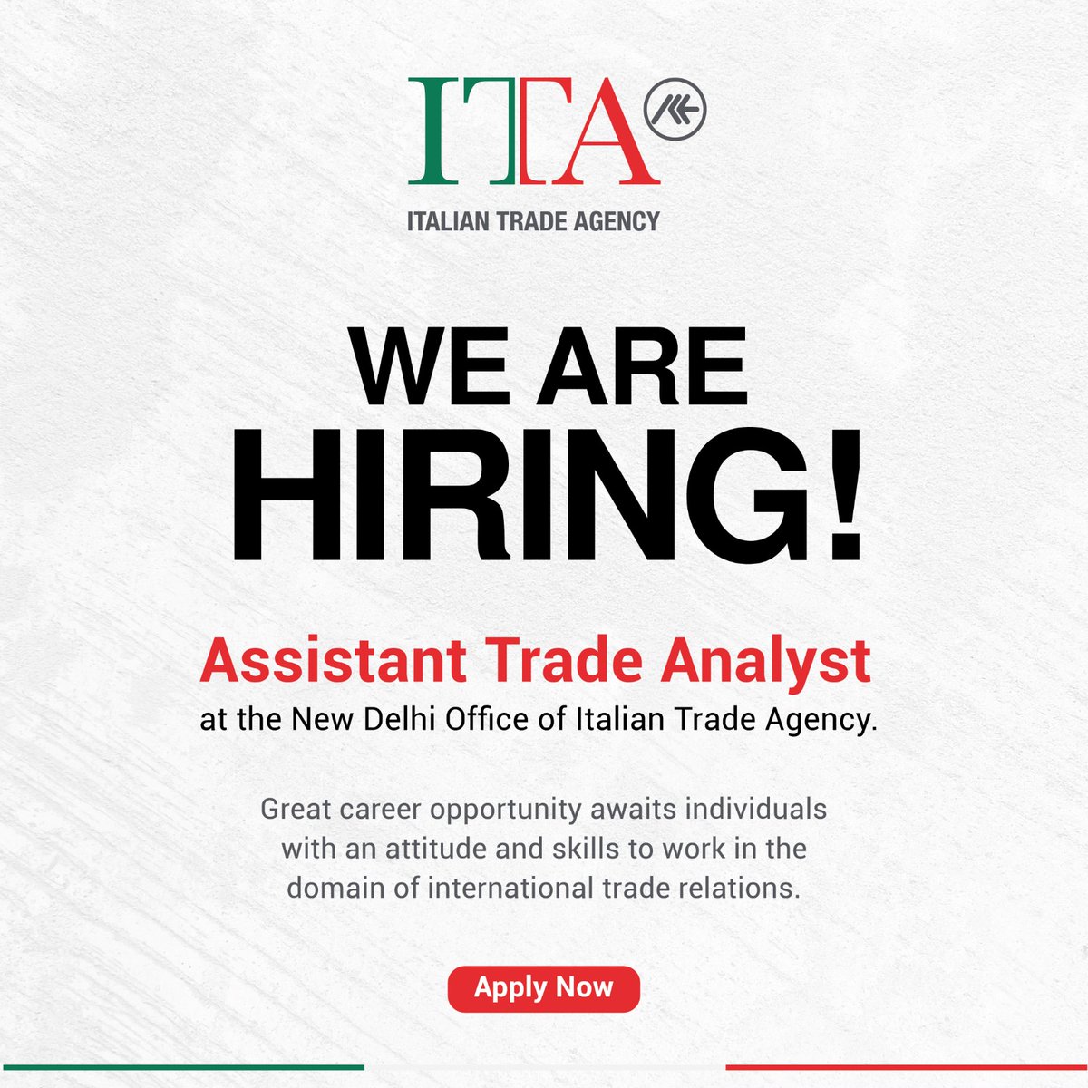 The Italian Trade Agency — New Delhi Office (ICE-ITA) is looking for an Assistant Trade Analyst to join its team. To Apply, please visit: ice.it/it/mercati/ind…