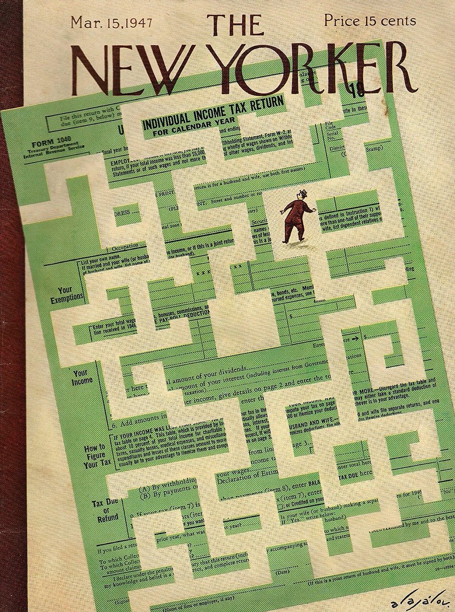 #OTD in 1947
(the fiscal labyrinth)
Cover of The New Yorker, March 15, 1947
Constantin Alajálov
#TheNewYorkerCover #ConstantinAlajálov #taxes #incometax #IRS #taxreturn