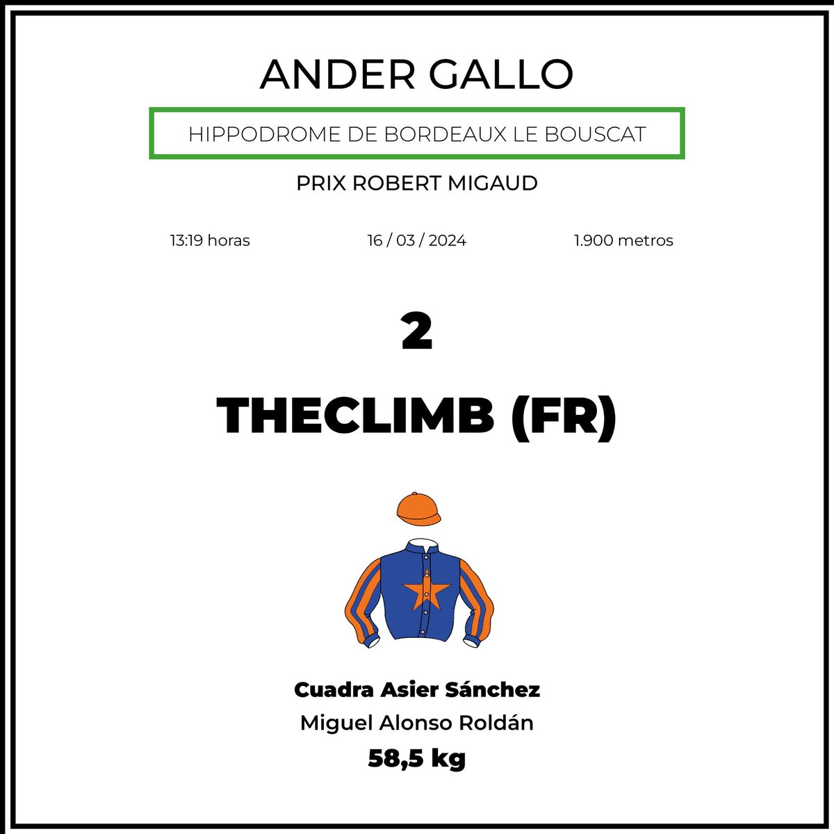 ander_gallo_7's tweet photo. Montas de mañana @Hippodromebdx 🇨🇵🇨🇵

7° THECLIMB (13:19)
8° CHERGUI (13:50) https://t.co/PpChic9iHA