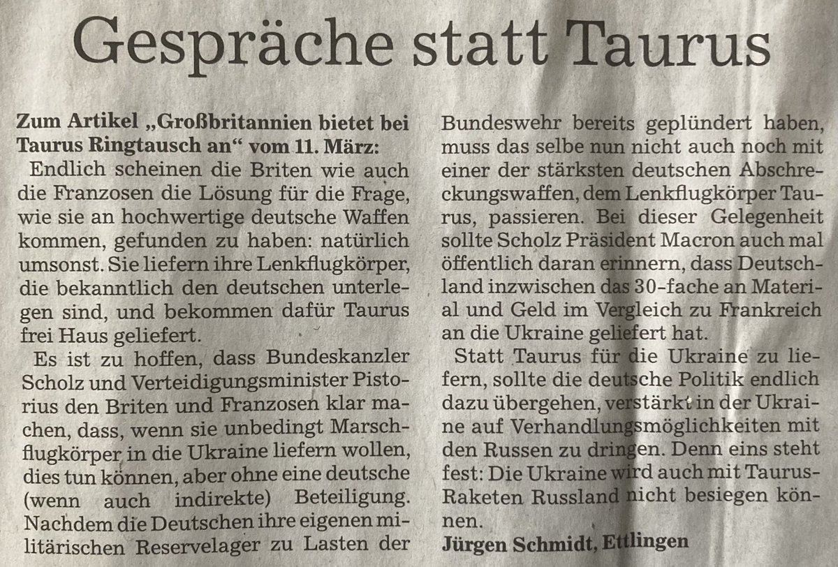BadFreigeist's tweet photo. @hahnflo @GrueneBundestag @fdpbt Das mit der #Taurusdebatte und dem Procedere in Sachen #Ukraine ist der nächste Akt in der Spaltung der Deutschen Bürger!
Weitere Eskalation tötet!
Zwei interessante Leserbriefe dazu heute in der BNN https://t.co/OSS6J4LEFG