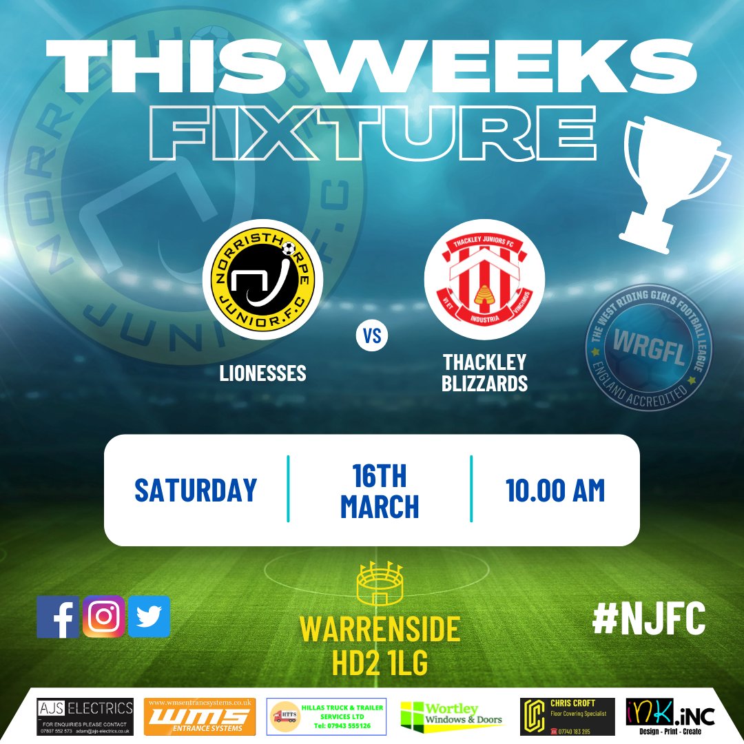 Tomorrow we are home at Warrenside in the Shield. Hopefully the bad weather is behind us now and we can play some much needed football. Hope you can join us to cheer the Lionesses on 👏
#NJFC #wrgfl #girlsfootball #Halifax #huddersfield #norristhorpejfc #WeGoAgain @_wrgfl