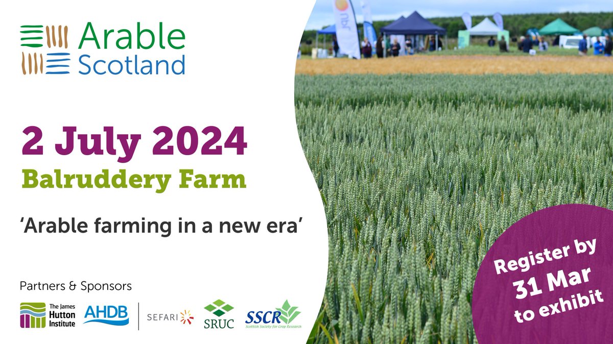 Come and experience 'Arable farming in a new era' at #ArableScotland24!
 
<a href="/ArableScotland/">Arable Scotland</a> is Scotland’s leading field event for knowledge exchange in #arable #farming.
 
📅 2 July 2024 | 📍 Balruddery Farm, Invergowrie
 
📢Exhibitors deadline 31 March: bit.ly/3PmlF4O