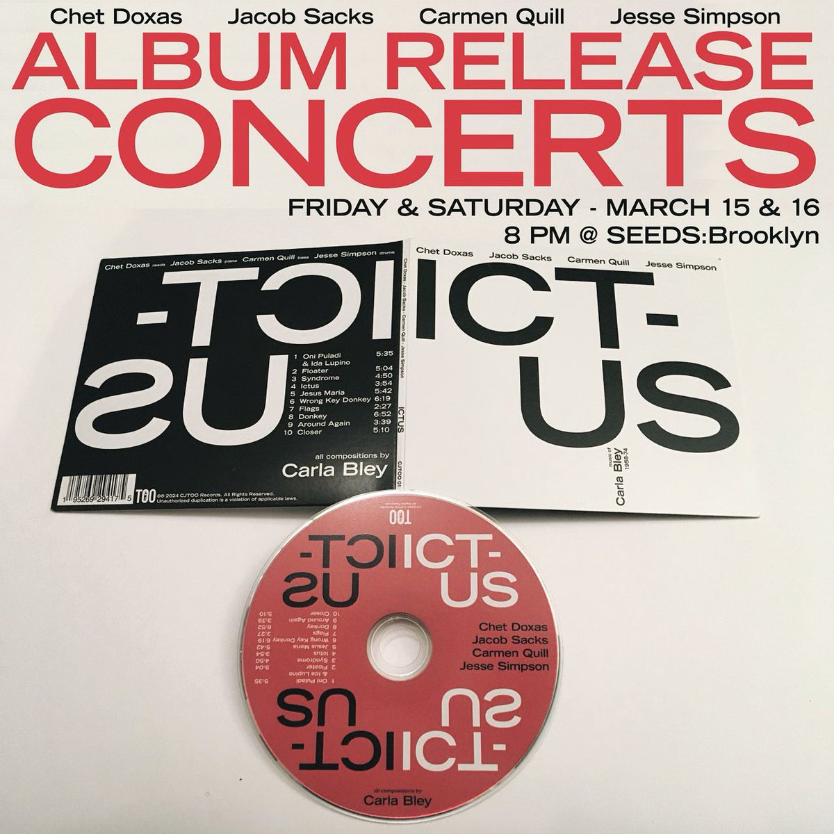 Chet Doxas (@chetdoxas) on Twitter photo 💥Album Launch shows this weekend💥Tonight and tomorrow <a href="/seedsbrooklyn/">SEEDS Brooklyn</a> we will be performing the early small group works of Carla Bley. We will also have our new album for sale, which we have decided not to stream! It’s a really fun band and we love playing together. Join us! 💥Album Launch shows this weekend💥Tonight and tomorrow <a href="/seedsbrooklyn/">SEEDS Brooklyn</a> we will be performing the early small group works of Carla Bley. We will also have our new album for sale, which we have decided not to stream! It’s a really fun band and we love playing together. Join us!
