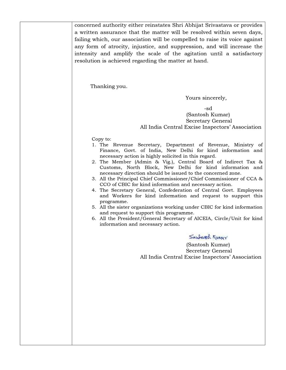 sgaiceia's tweet photo. @narendramodi @PMOIndia @nsitharaman @FinMinIndia @mppchaudhary @cbic_india @cgstluckzone @PIB_India @TNNavbharat 
#Justice4Abhijat Call to Observe Black Week from 18th March 2024 to 22ndMarch 2024 and Lunch Hour Agitation Programme on 22nd March 2024 in response to the arbitrary Order No.05/2024 dated 12.03.2024 issued by Shri K P Singh, Principal Commissioner, CGST & CX, Lucknow for removal from service of Shri Abhijat Srivastava, General Secretary, AICEIA, Lucknow Circle.
Kindly we request to @narendramodi @PMOIndia @nsitharaman @FinMinIndia @mppchaudhary to intervene in the matter so that the natural justice will prevail.