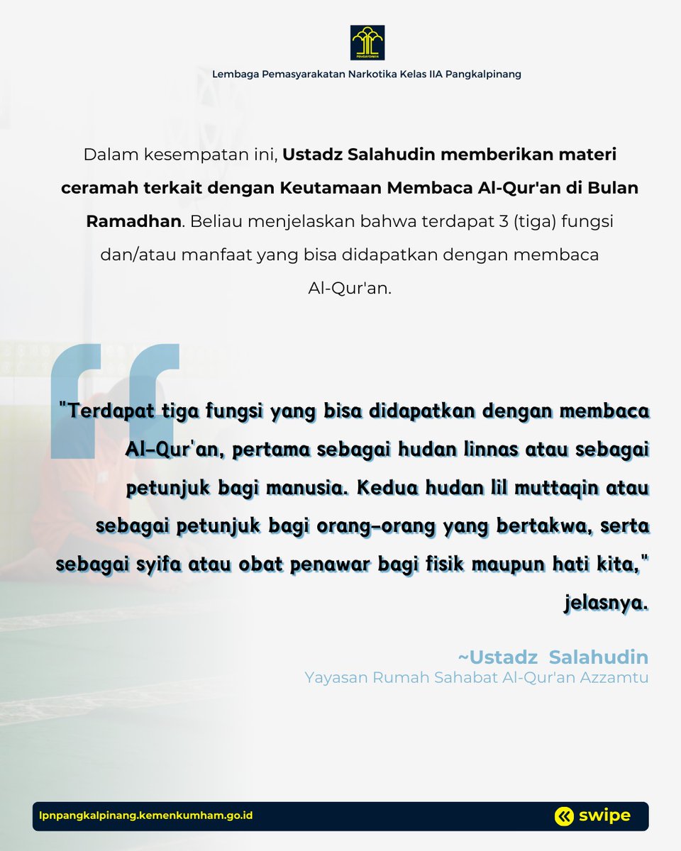 lpn_pkpinang's tweet photo. "Terdapat tiga fungsi yang bisa didapatkan dengan membaca Al-Qur'an, pertama sebagai hudan linnas atau sebagai petunjuk bagi manusia.
@kumham_babel
@lpn_pkpinang
Harun Sulianto
Lapas Narkotika Pangkalpinang
#kumham_babel
#LapasNarkotikaPangkalpinang https://t.co/qhSaLRzSA6