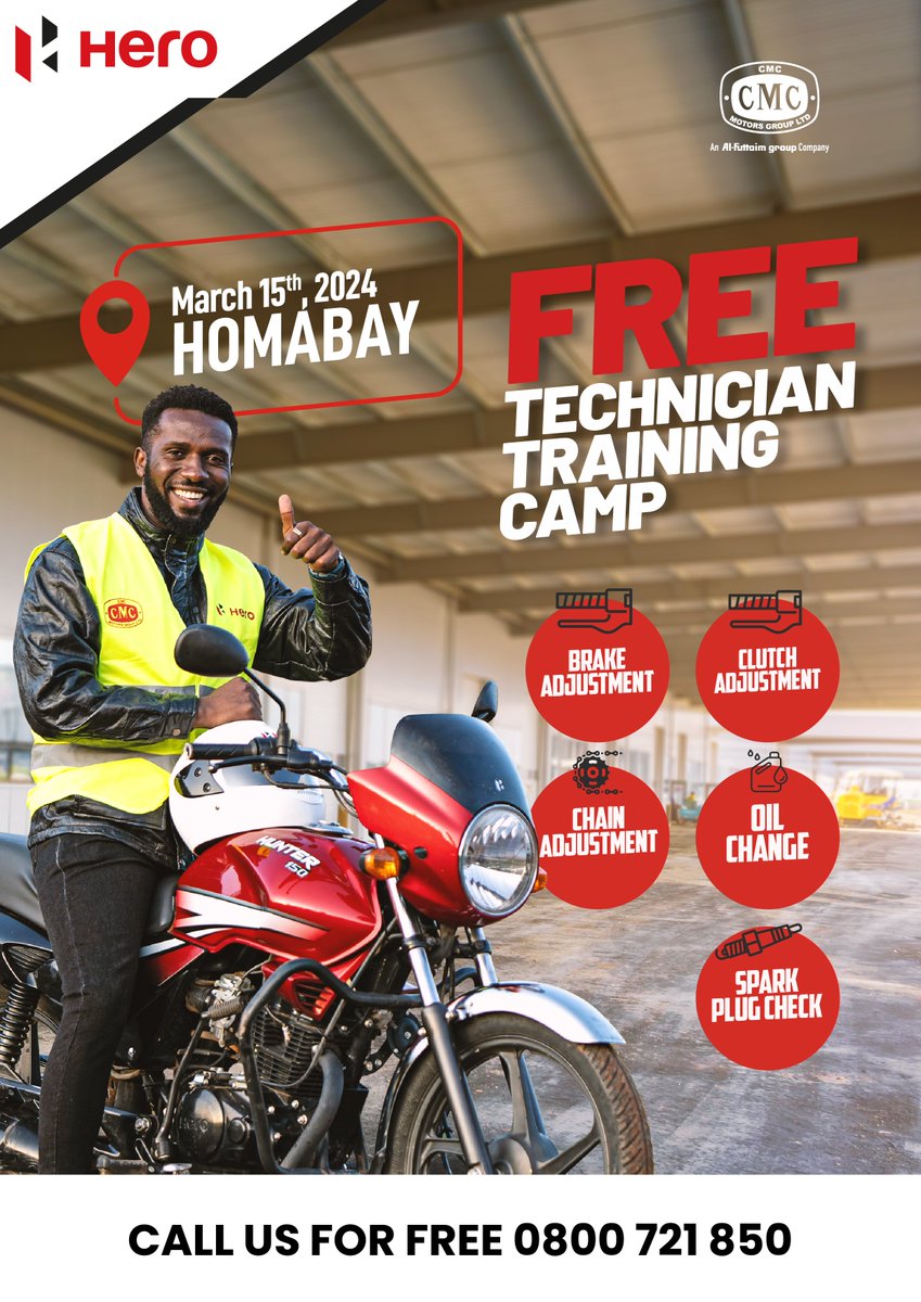 Yo, Boda Fam!

Guess what? Today, March 15th, 2024, we’re have a FREE technician training camp just for you at in Homabay!

Don't be shy, show up and let's upgrade your hustle together! Usikose!

#CMCMotors #HeroBikes #FreeCheckup #FreeService #Shell