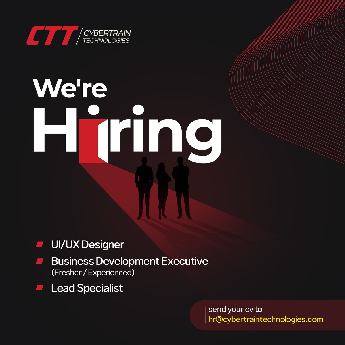 Cybertraintech's tweet photo. Transform your career- CTT is hiring. Join our progressive culture and together let's go an exciting journey filled with growth, opportunities and success. Apply Now.

#CTT #cybertrain #hiring #career #growth #success #uiuxdesigner #businessdevelopmentexecutive #leadspecialist https://t.co/W6fGVZ7q5y