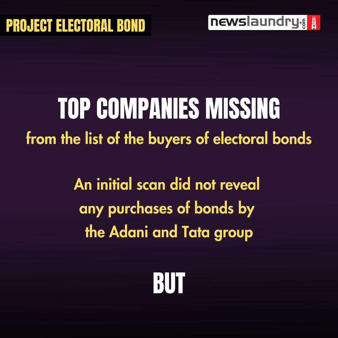 newslaundry's tweet photo. #ProjectElectoralBond | Wondering why India's top companies didn't feature on the ECI's #ElectoralBondData list?

The firms are linked to Reliance Industries through common directors, common addresses, and business associates.

Who are these firms?

https://t.co/7wK47Y3fET https://t.co/cgF6oOAFlE