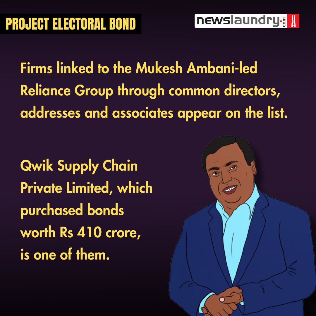 newslaundry's tweet photo. #ProjectElectoralBond | Wondering why India's top companies didn't feature on the ECI's #ElectoralBondData list?

The firms are linked to Reliance Industries through common directors, common addresses, and business associates.

Who are these firms?

https://t.co/7wK47Y3fET https://t.co/cgF6oOAFlE