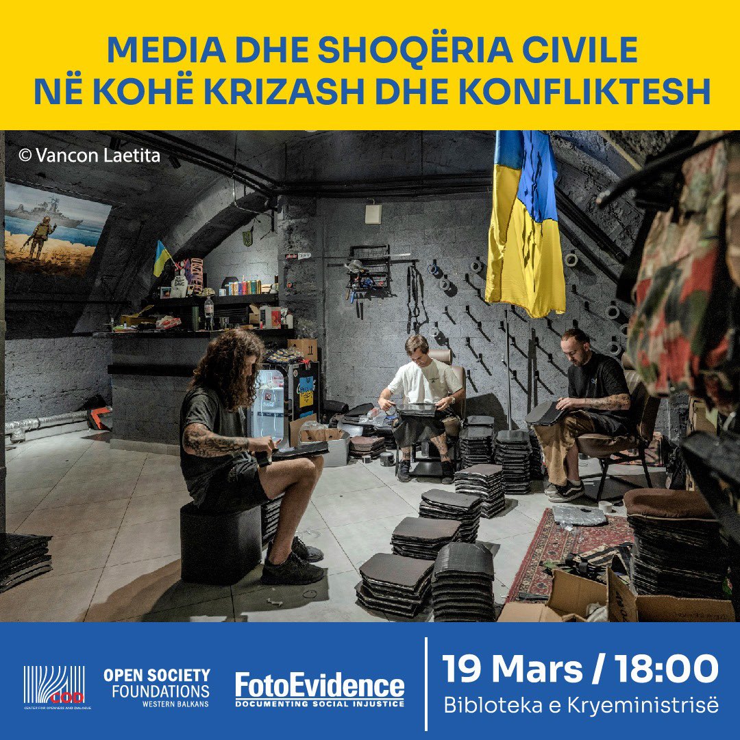 Tirana_OSFWB's tweet photo. Të martën, 19 Mars ora 18:00 ne @CODalbania flasim per rolin e medias dhe të shoqërisë civile në kohë krizash dhe konfliktesh. @FotoevidenceP bëri bashkë 93 fotoreporterë nga e gjithë bota për të dokumentuar krimet e luftës në Ukraine gjate vitit të parë të luftës. https://t.co/DorgsWC2QW